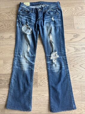 MACHINE Blue Distressed Ripped Slight Flare Jeans -Low Rise 30